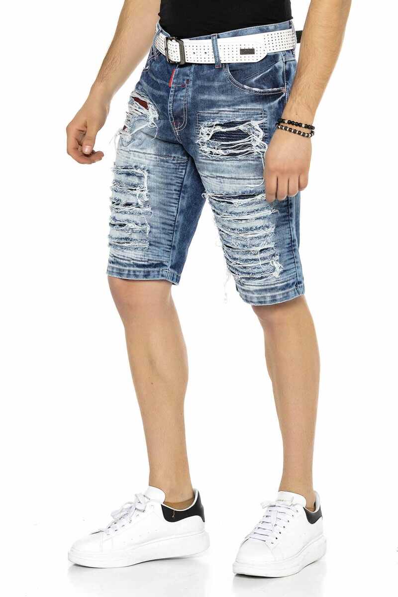 CK219 Men's Capri Pants – Blue Denim Shorts with Ripped Details & Contrast Stitching | Stylish 3/4 Jeans for Summer & Leisure