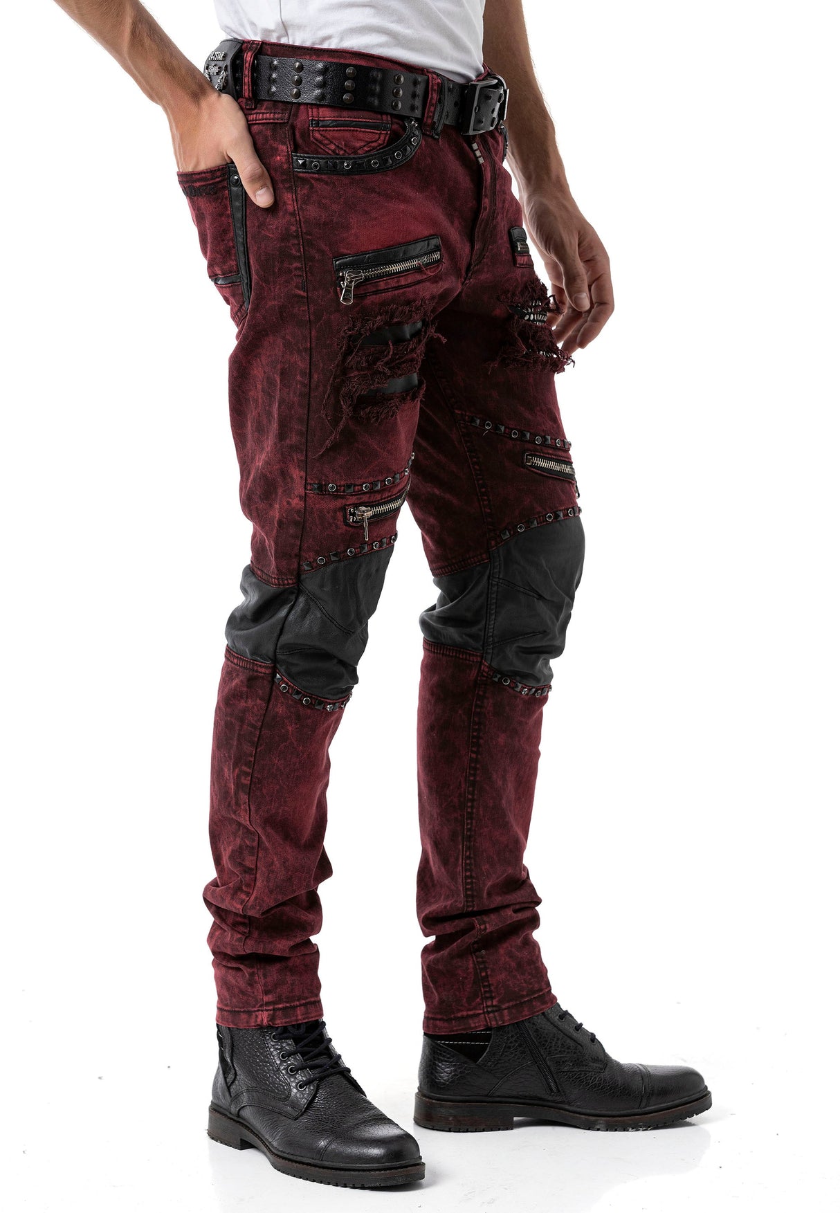 CD481 Men's Slim Fit Jeans with rivets and decorative zippers