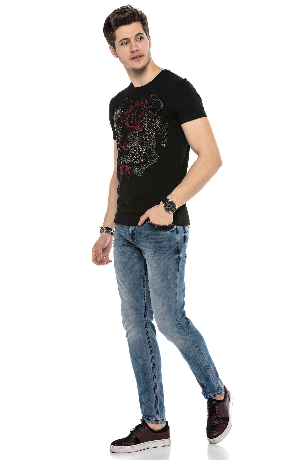 CD569 Men's Jeans Slim Fit Stonewashed Casual Look with thick seams