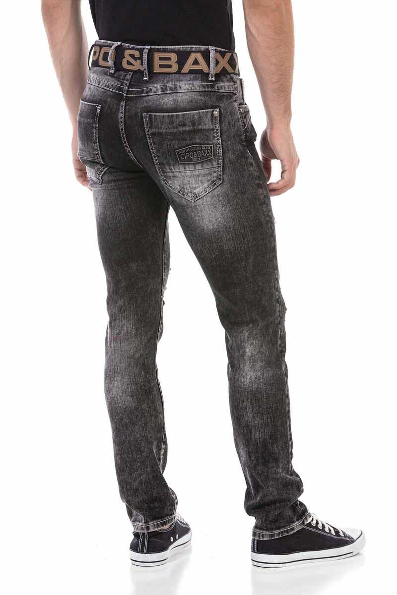 CD713 Men's straight fit jeans in a destroyed look with belt