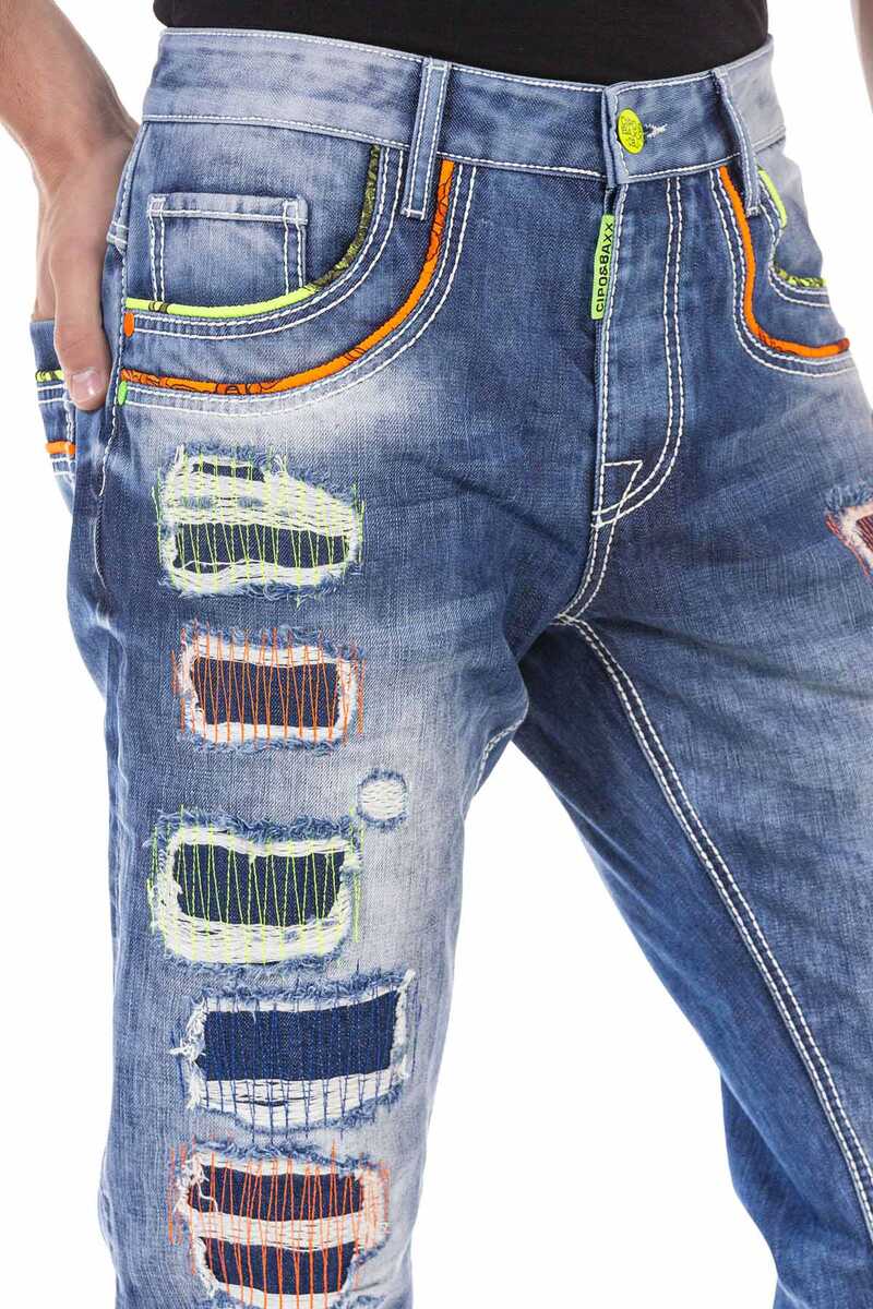 CD720 Men's Straight Jeans with Colourful Destroyed Details
