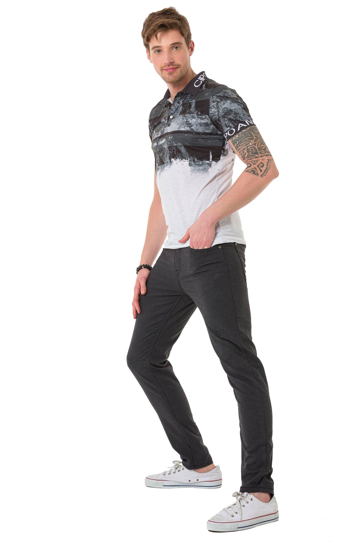 CD724 Men's basic trousers with a subtle check pattern