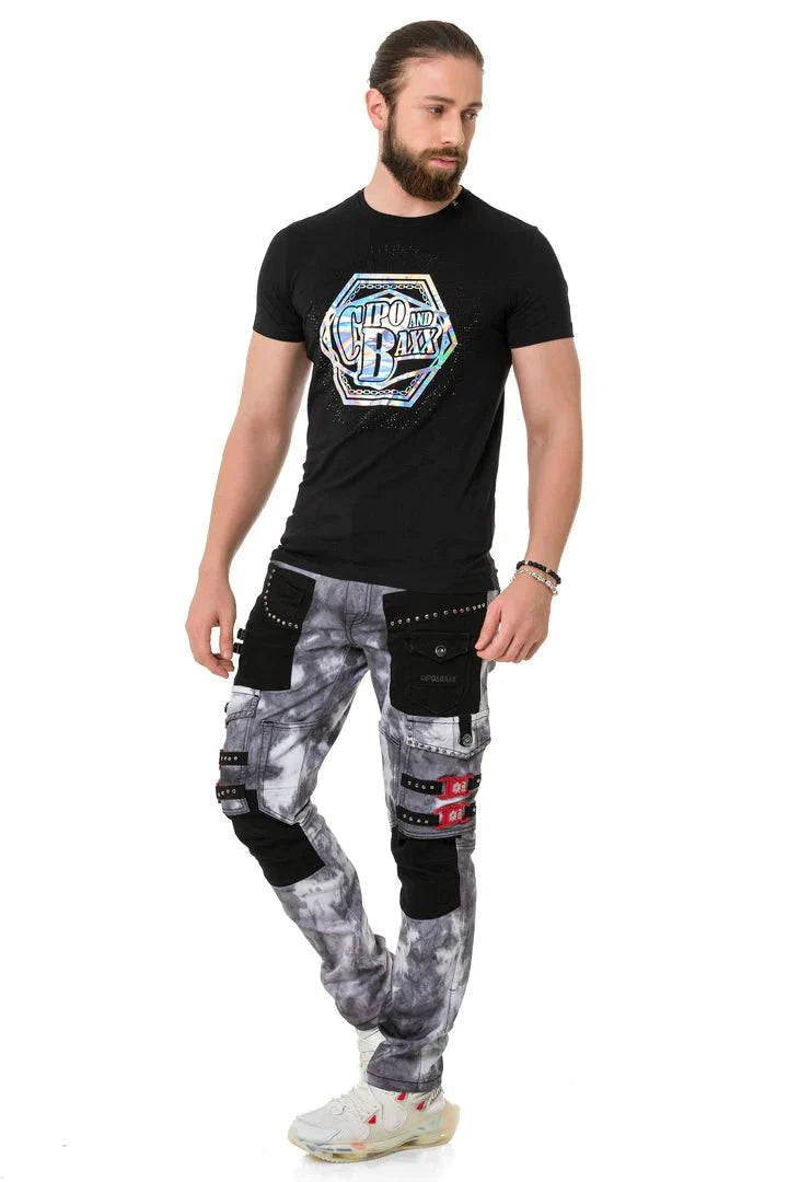 CD805 Men's Regular Fit Biker Jeans with Faux Leather Patch