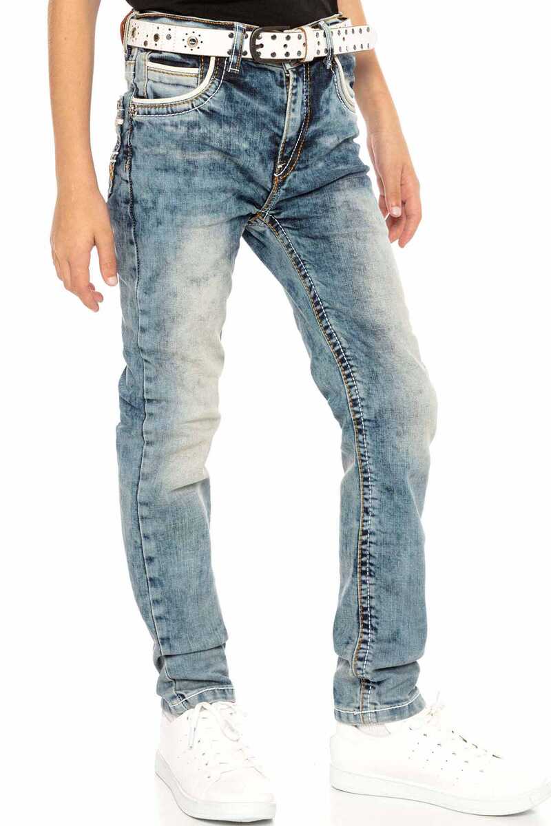 CDK101 Boys' Jeans – Regular Fit in Blue with Used Wash & Contrast Stitching | Durable Denim Trousers for School & Leisure