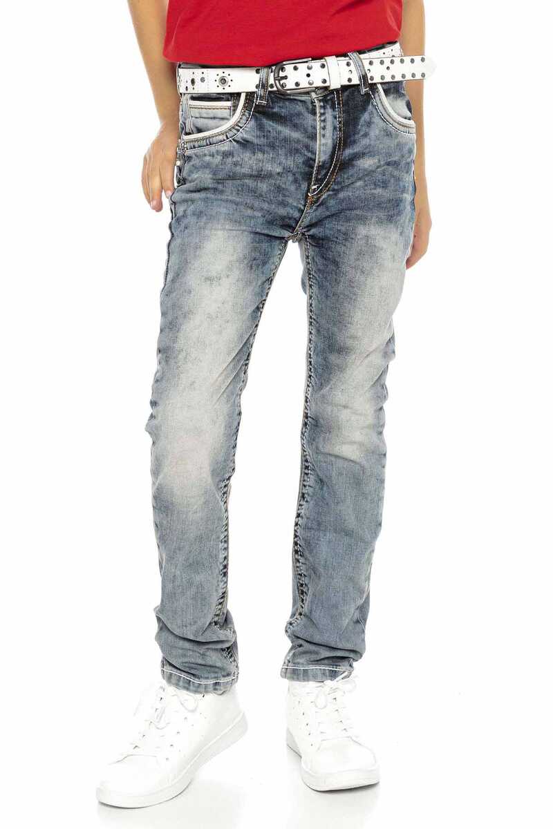 CDK101 Boys' Jeans – Regular Fit in Blue with Used Wash & Contrast Stitching | Durable Denim Trousers for School & Leisure