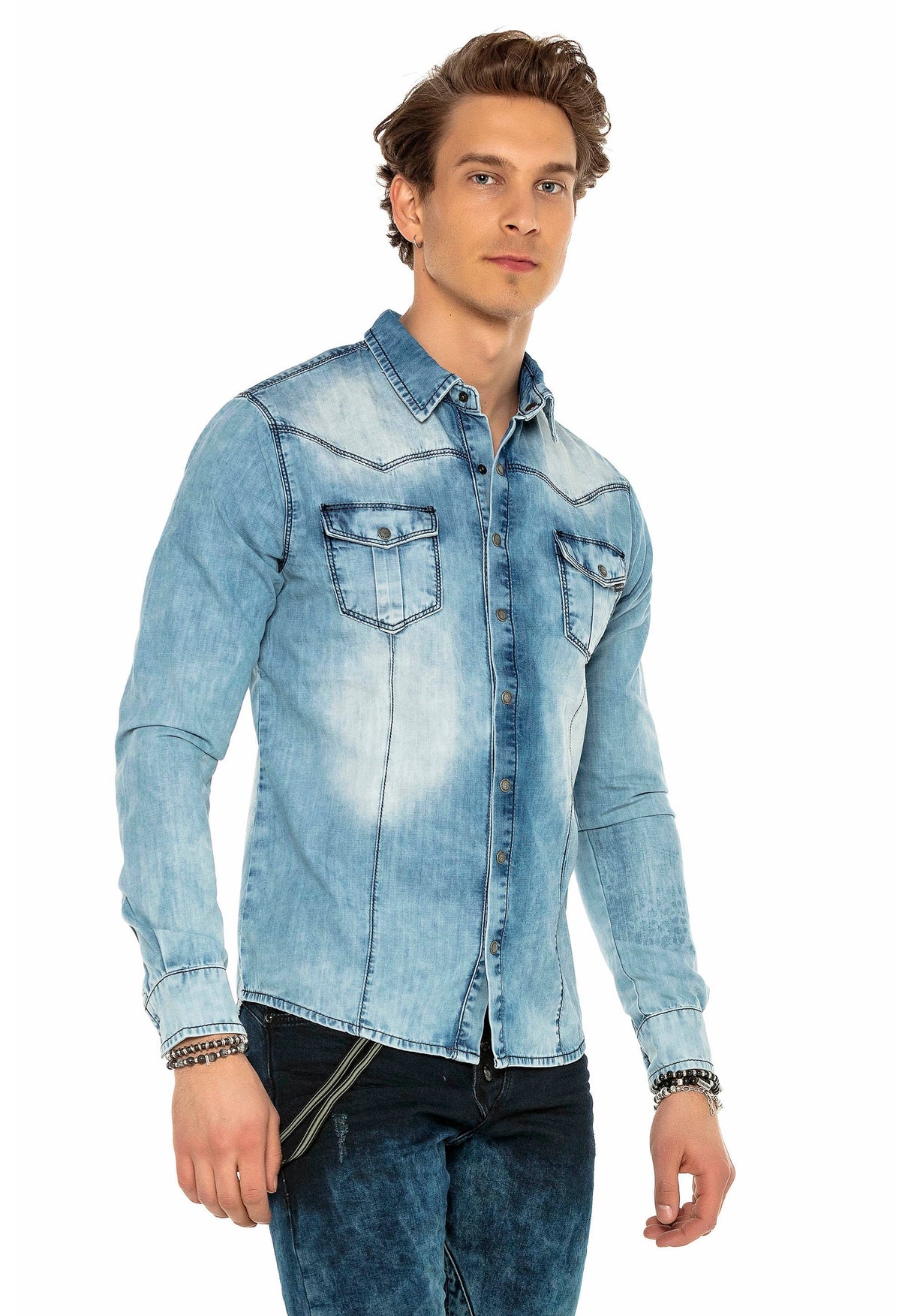 CH165 Men's denim shirt with practical snap buttons