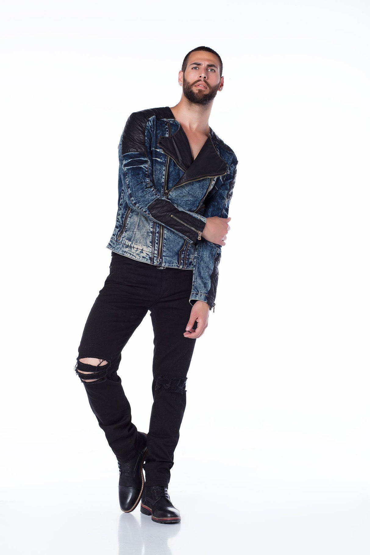 CJ135 Men's Denim Jacket – Transitional Jacket in Blue with Leather Look & Asymmetrical Zipper | Stylish Denim Jacket for Spring & Autumn
