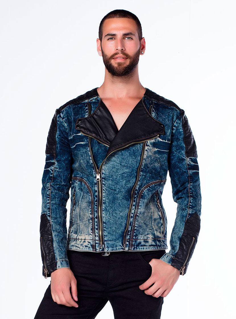 CJ135 Men's Denim Jacket – Transitional Jacket in Blue with Leather Look & Asymmetrical Zipper | Stylish Denim Jacket for Spring & Autumn