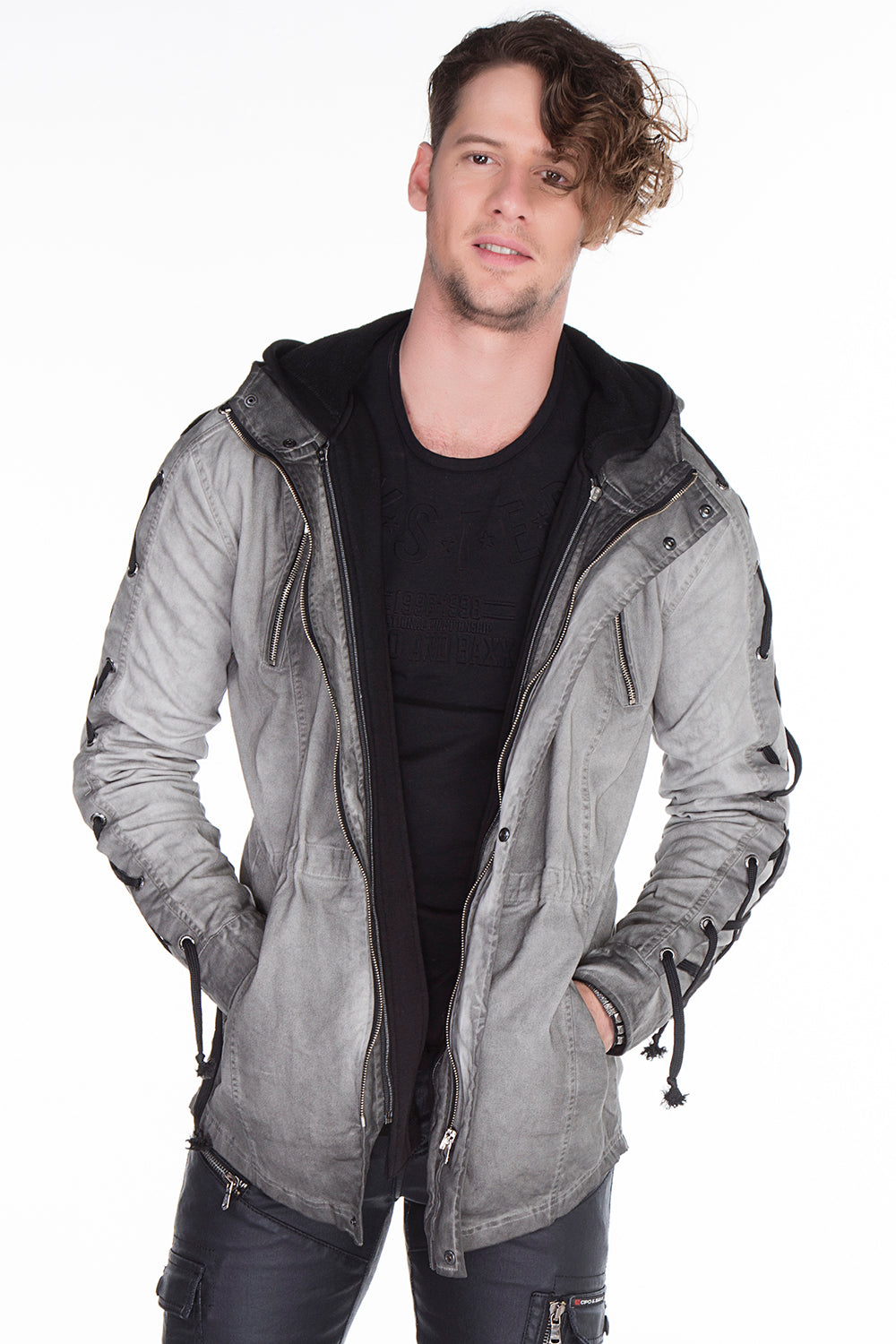 CJ183 Men's Winter Jacket – Urban Denim Look with Lace-Up Details & Hood