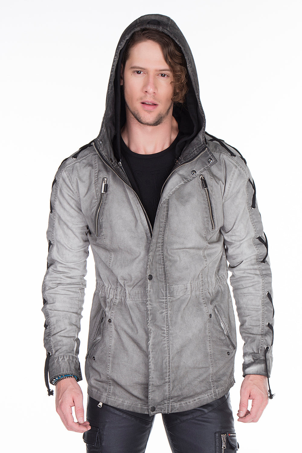 CJ183 Men's Winter Jacket – Urban Denim Look with Lace-Up Details & Hood