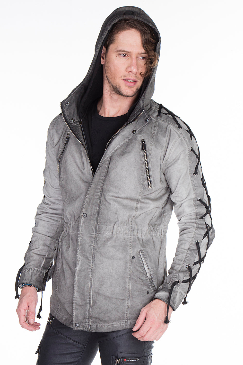 CJ183 Men's Winter Jacket – Urban Denim Look with Lace-Up Details & Hood