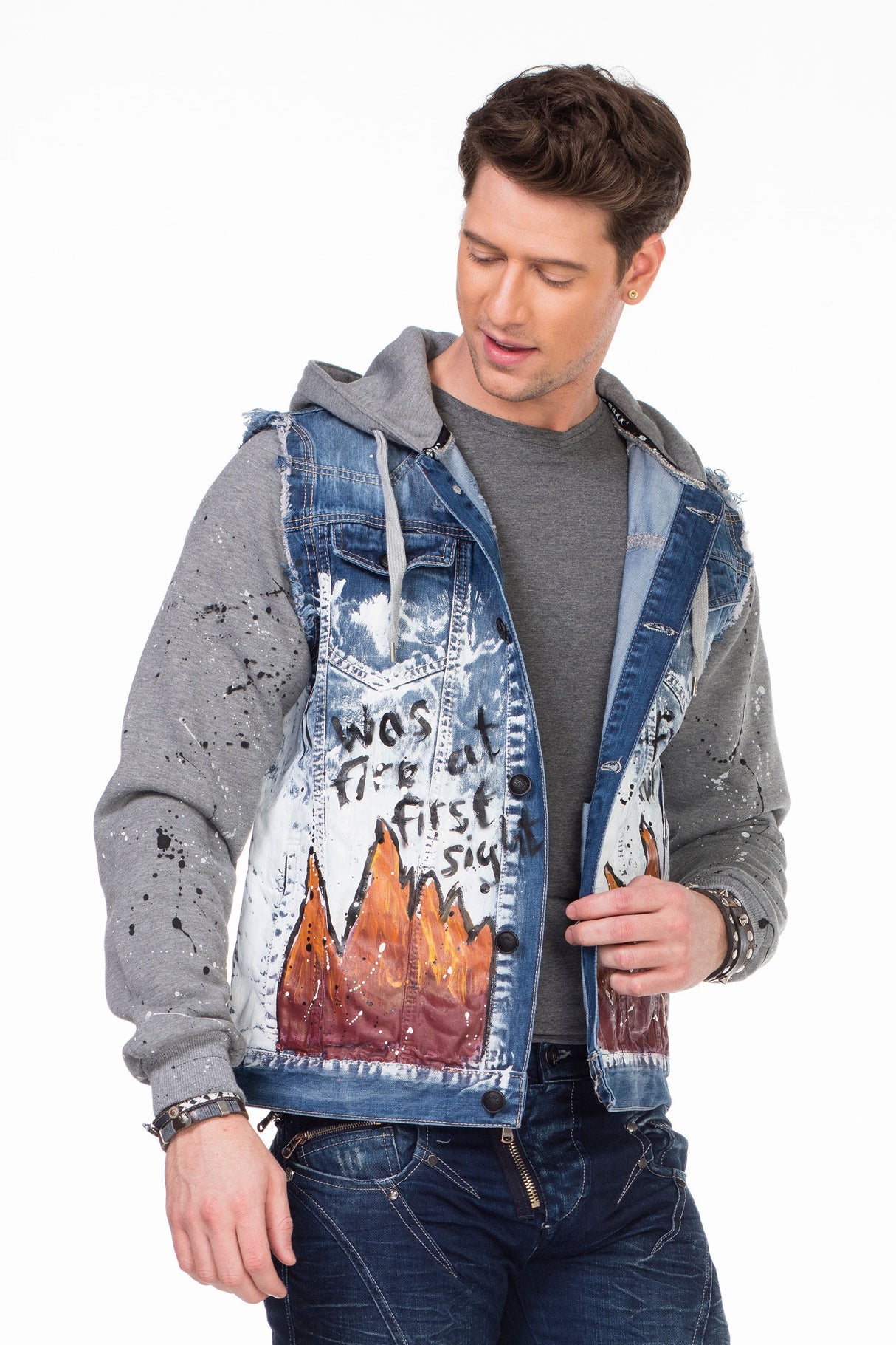 CJ209 Men's Transitional Jacket – Blue Streetwear Jacket with Print & Hoodie Elements | Extravagant Design for Spring & Autumn