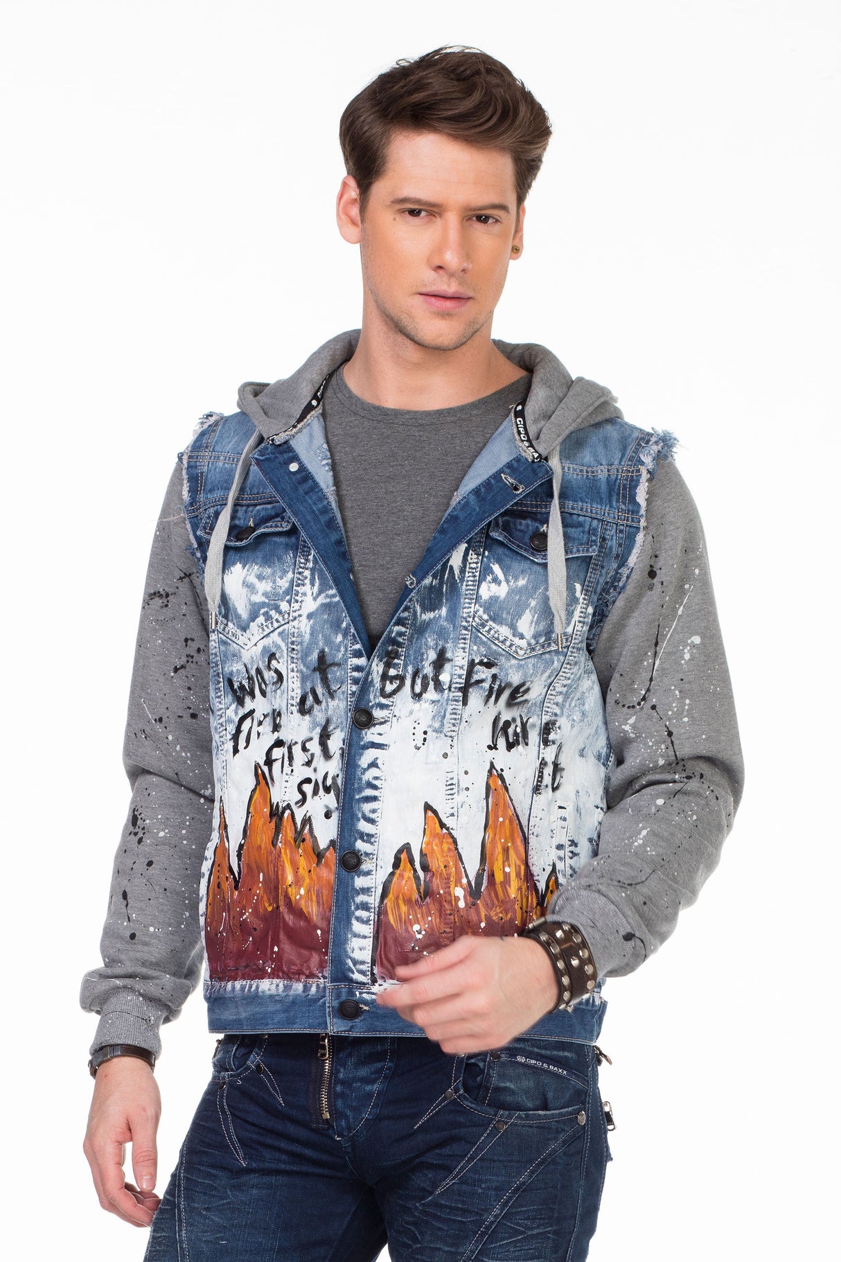 CJ209 Men's Transitional Jacket – Blue Streetwear Jacket with Print & Hoodie Elements | Extravagant Design for Spring & Autumn