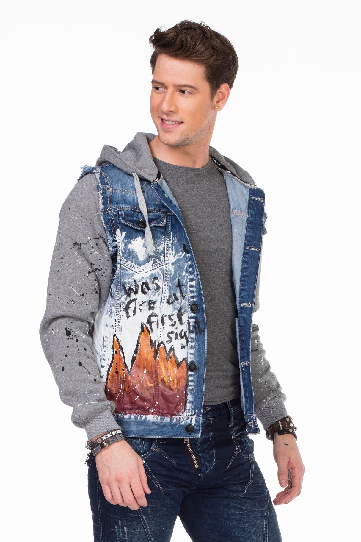 CJ209 Men's Transitional Jacket – Blue Streetwear Jacket with Print & Hoodie Elements | Extravagant Design for Spring & Autumn