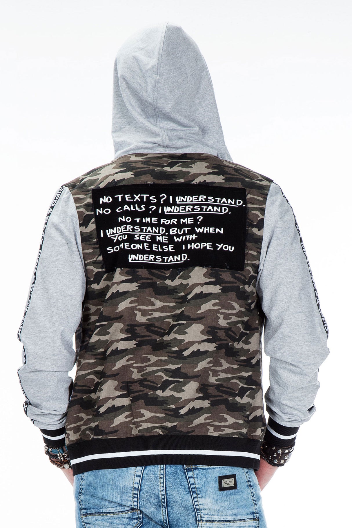 CJ215 Men's Transitional Jacket – Khaki Camouflage Jacket with Hood & Print Details