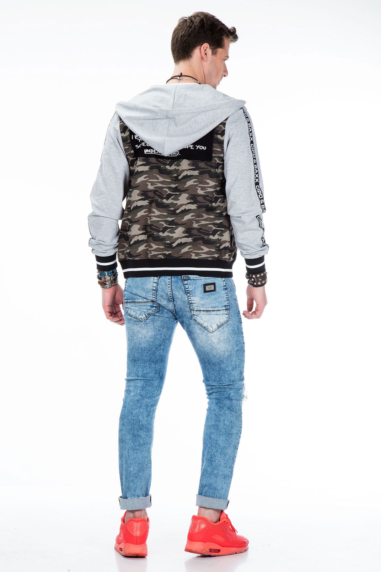 CJ215 Men's Transitional Jacket – Khaki Camouflage Jacket with Hood & Print Details