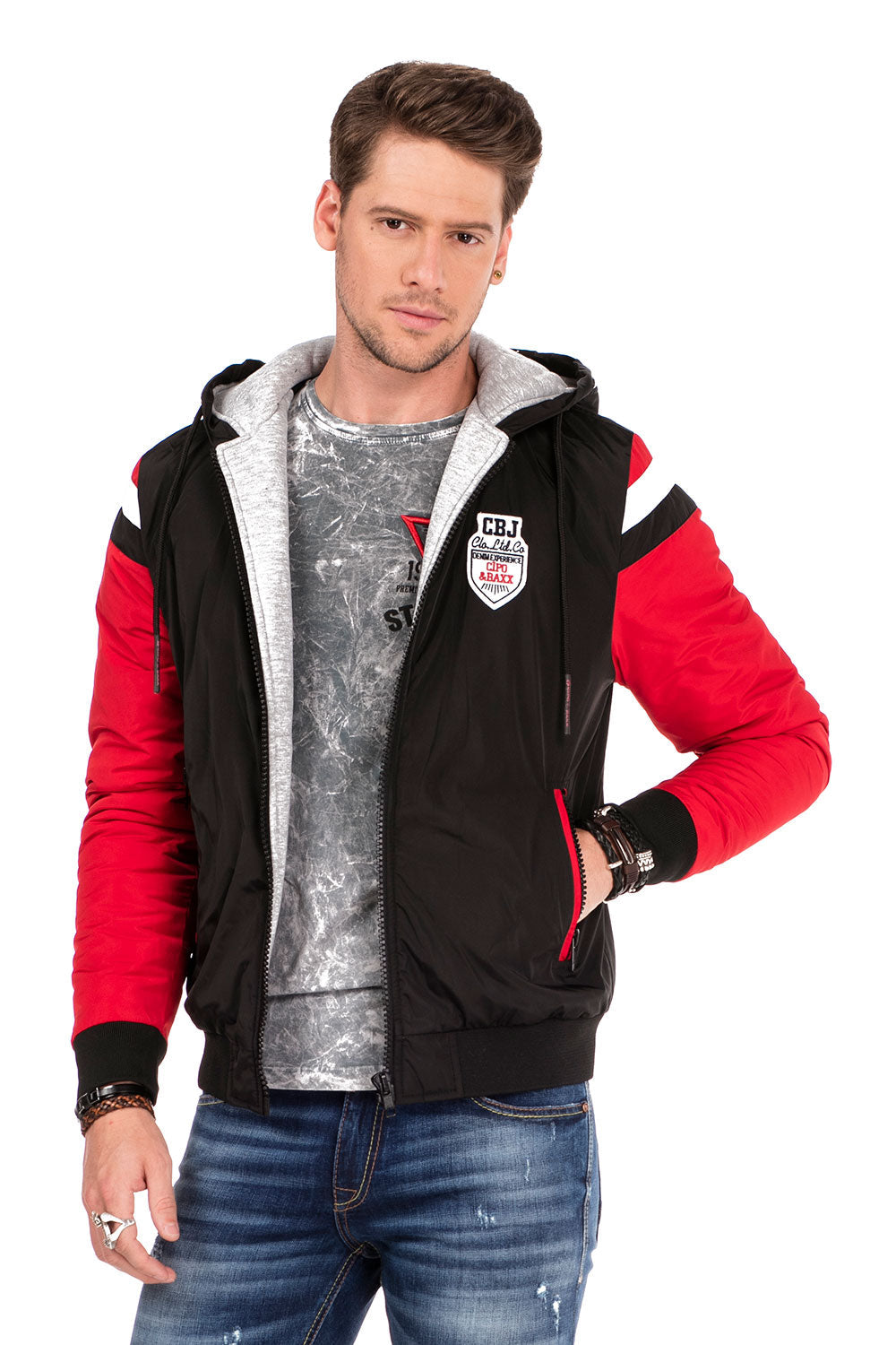 CJ230 Men's Denim Jacket – Hybrid Denim Hoodie with Eye-Catching Embroidery & Streetwear Design | Stylish Transitional Jacket with Hood & Patches