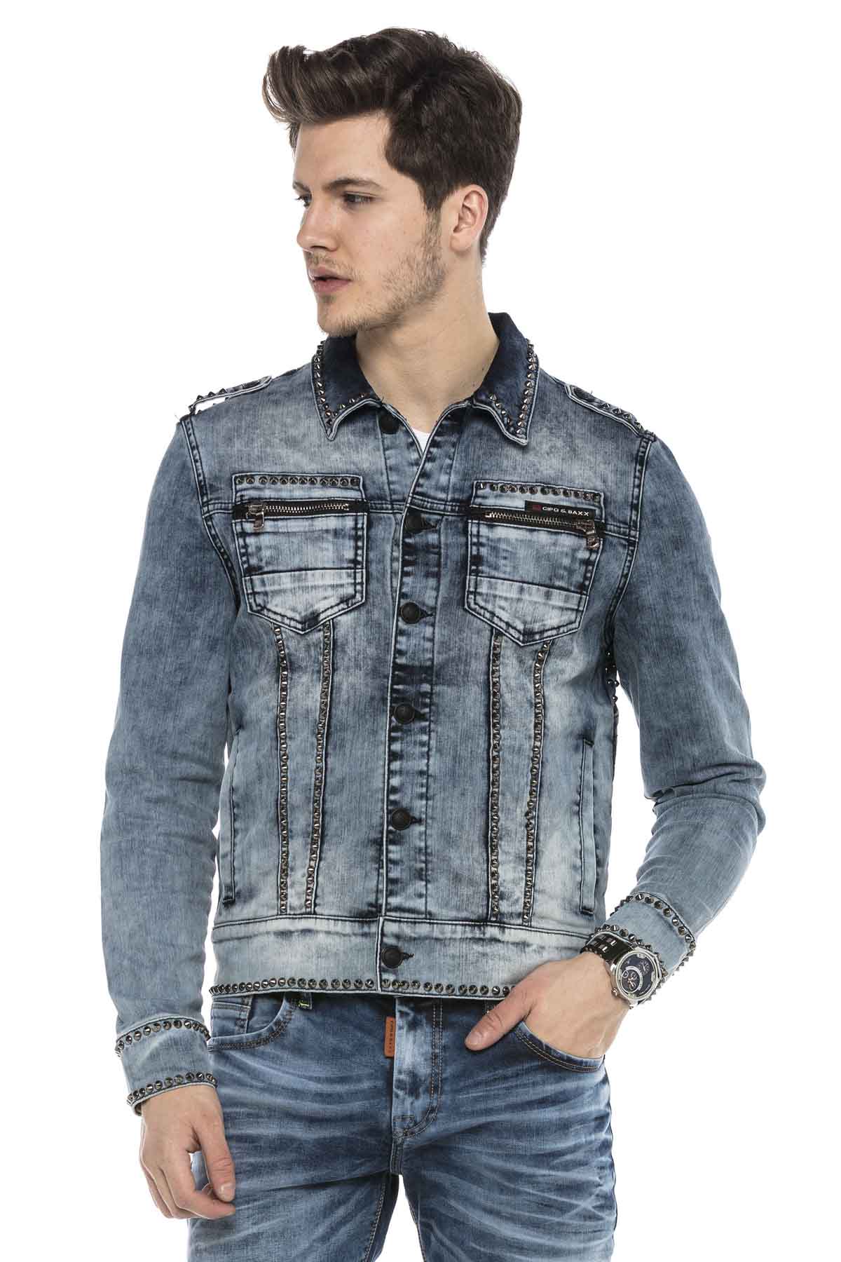 CJ250 Men's Denim Jacket – Blue Transitional Jacket with Contrast Stitching & Button Placket | Stylish Casual Jacket with a Distressed Look
