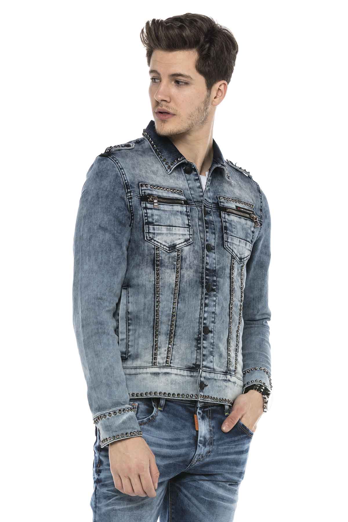 CJ250 Men's Denim Jacket – Blue Transitional Jacket with Contrast Stitching & Button Placket | Stylish Casual Jacket with a Distressed Look