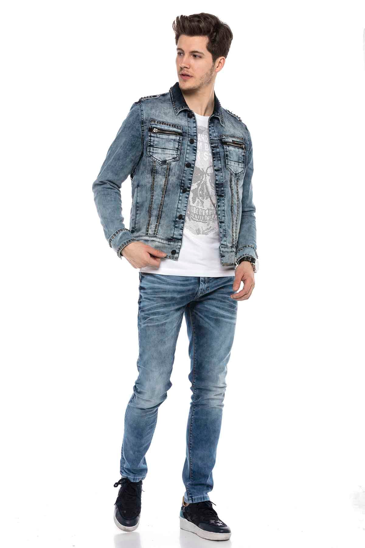 CJ250 Men's Denim Jacket – Blue Transitional Jacket with Contrast Stitching & Button Placket | Stylish Casual Jacket with a Distressed Look