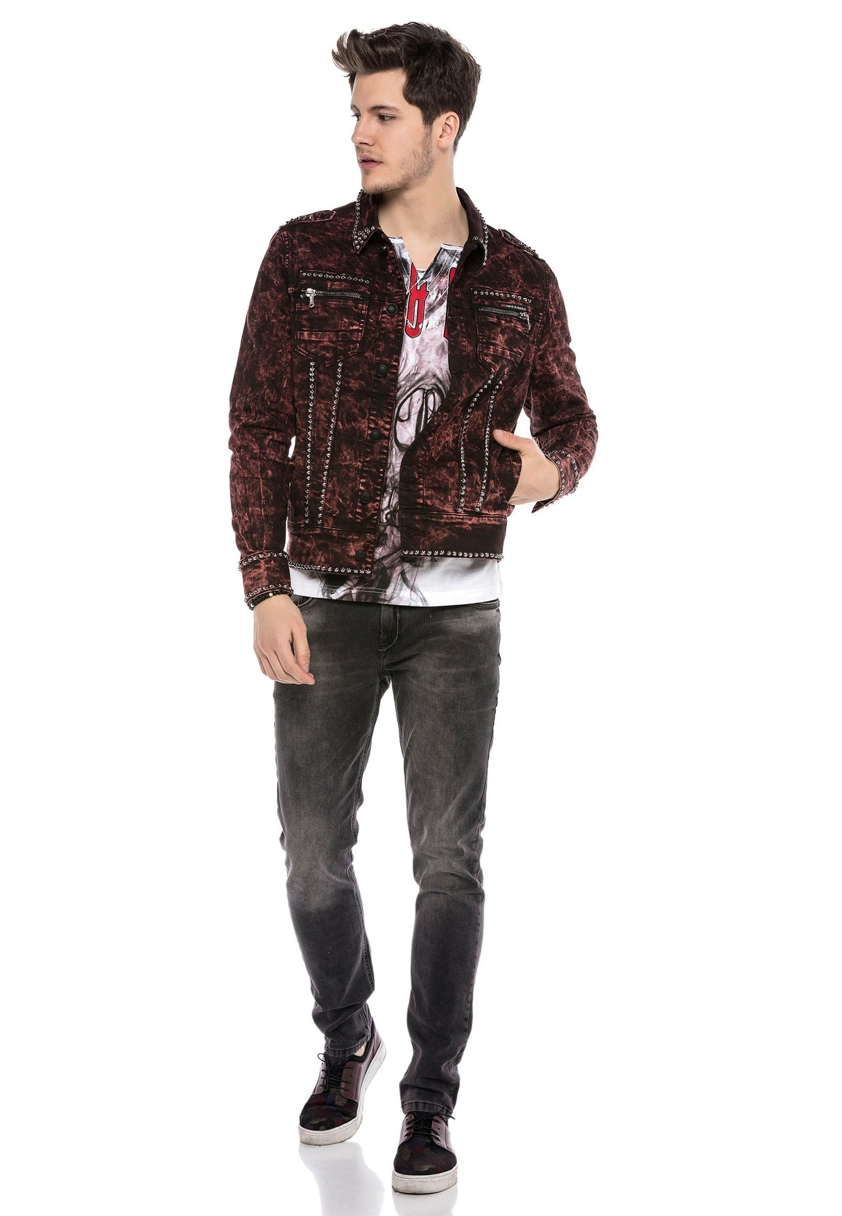 CJ251 Men's Jacket – Transitional jacket in Bordeaux with studs & zippers | Stylish streetwear with a striking pattern