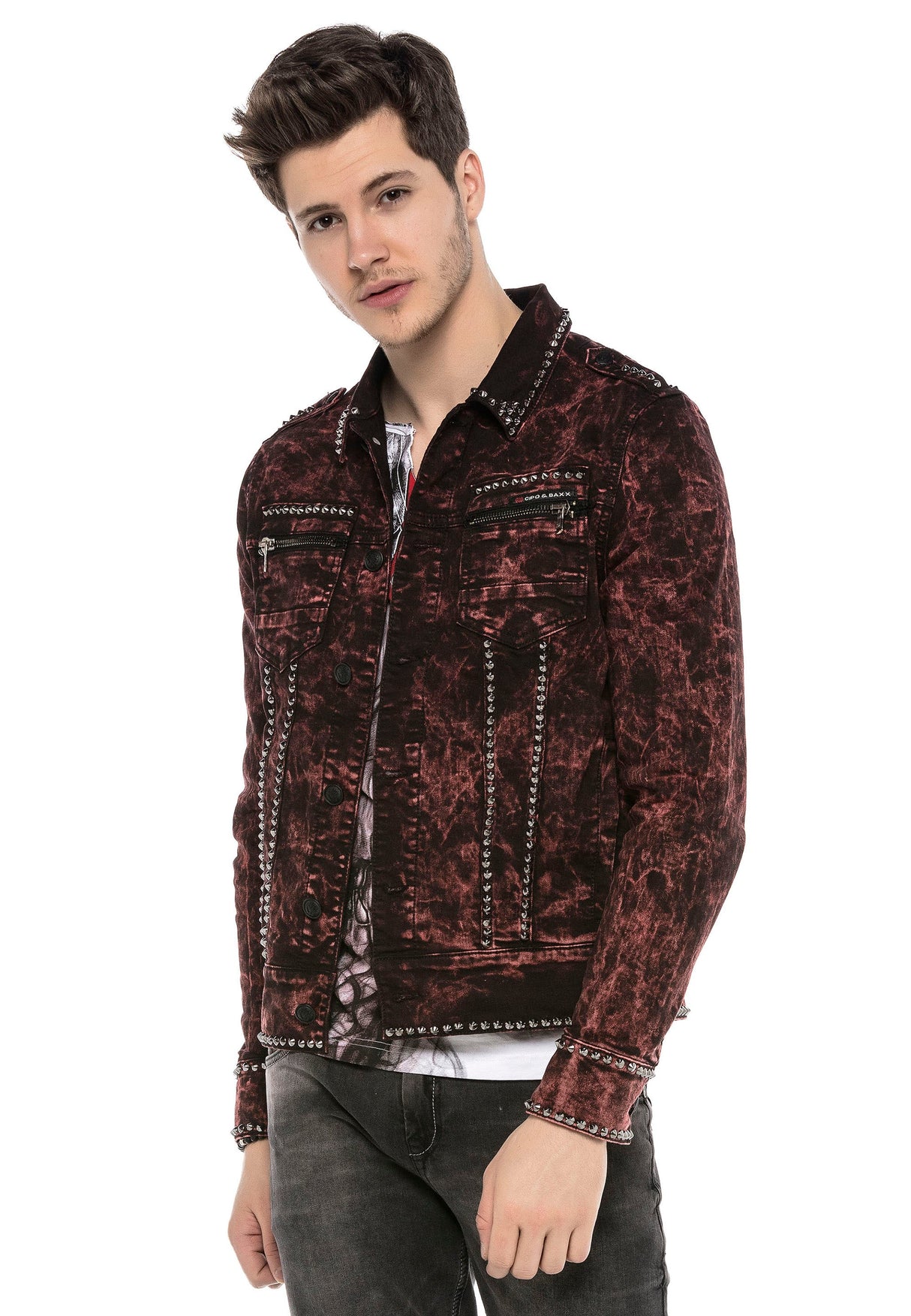 CJ251 Men's Jacket – Transitional jacket in Bordeaux with studs & zippers | Stylish streetwear with a striking pattern