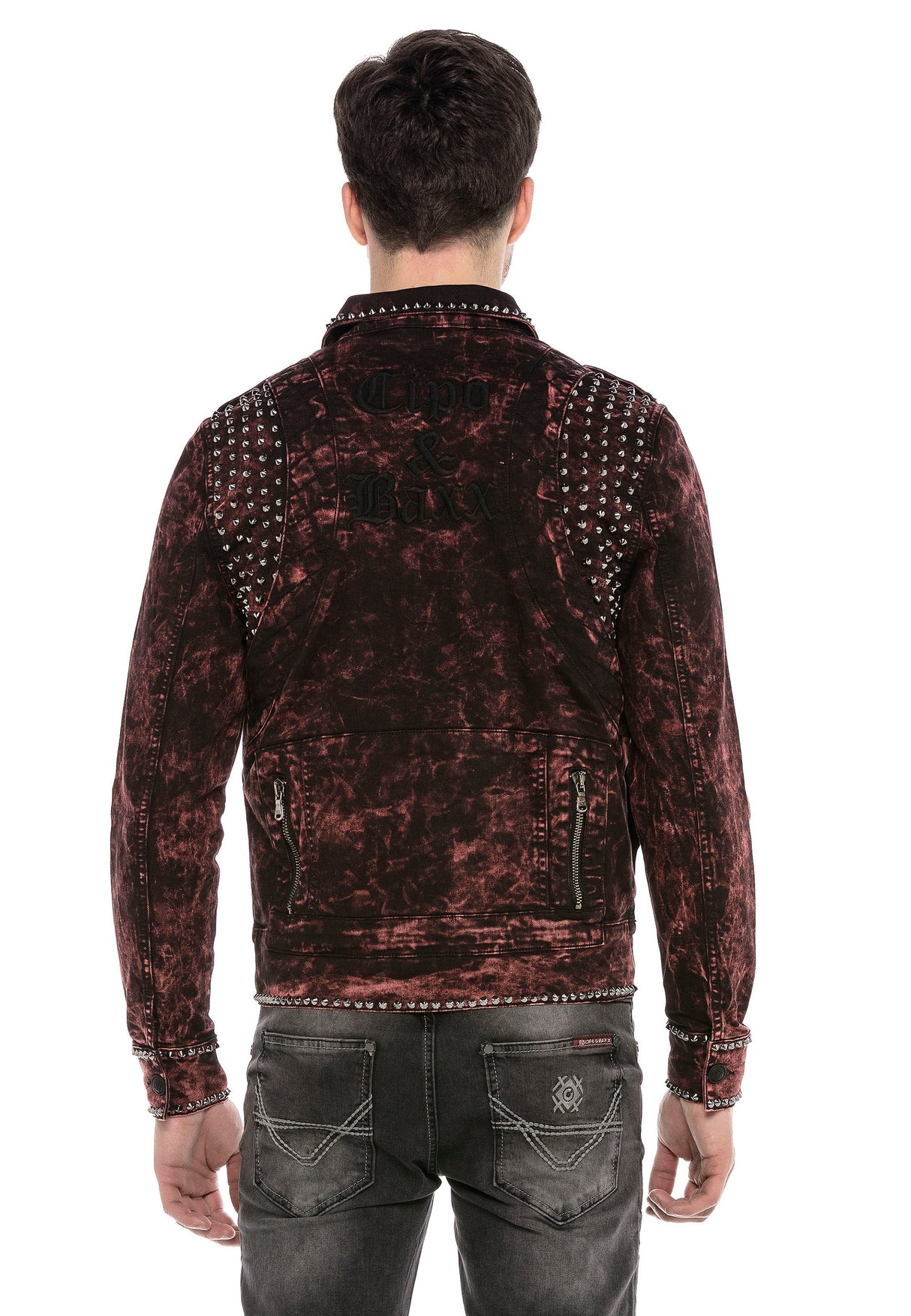CJ251 Men's Jacket – Transitional jacket in Bordeaux with studs & zippers | Stylish streetwear with a striking pattern