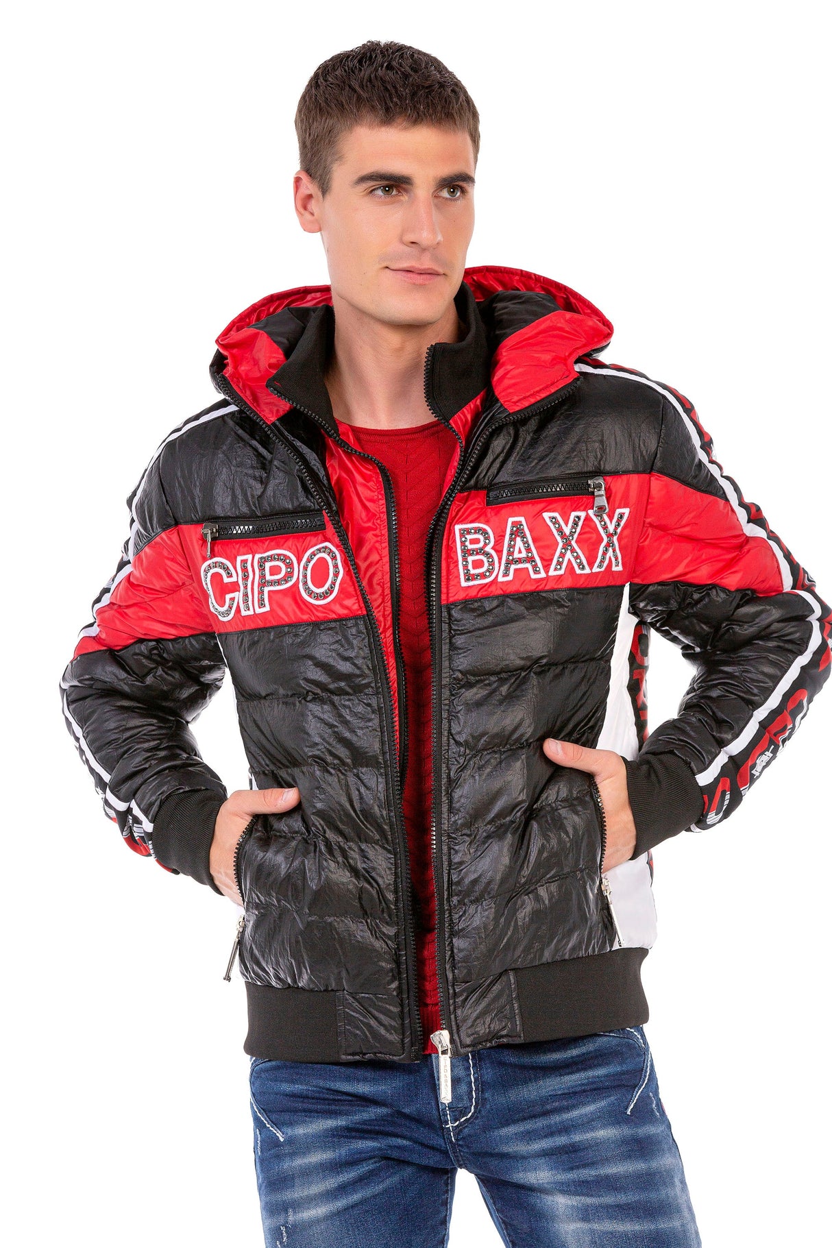 CJ269 Men's Winter Jacket – Black Quilted Jacket with Hood & Red and White Logo Print