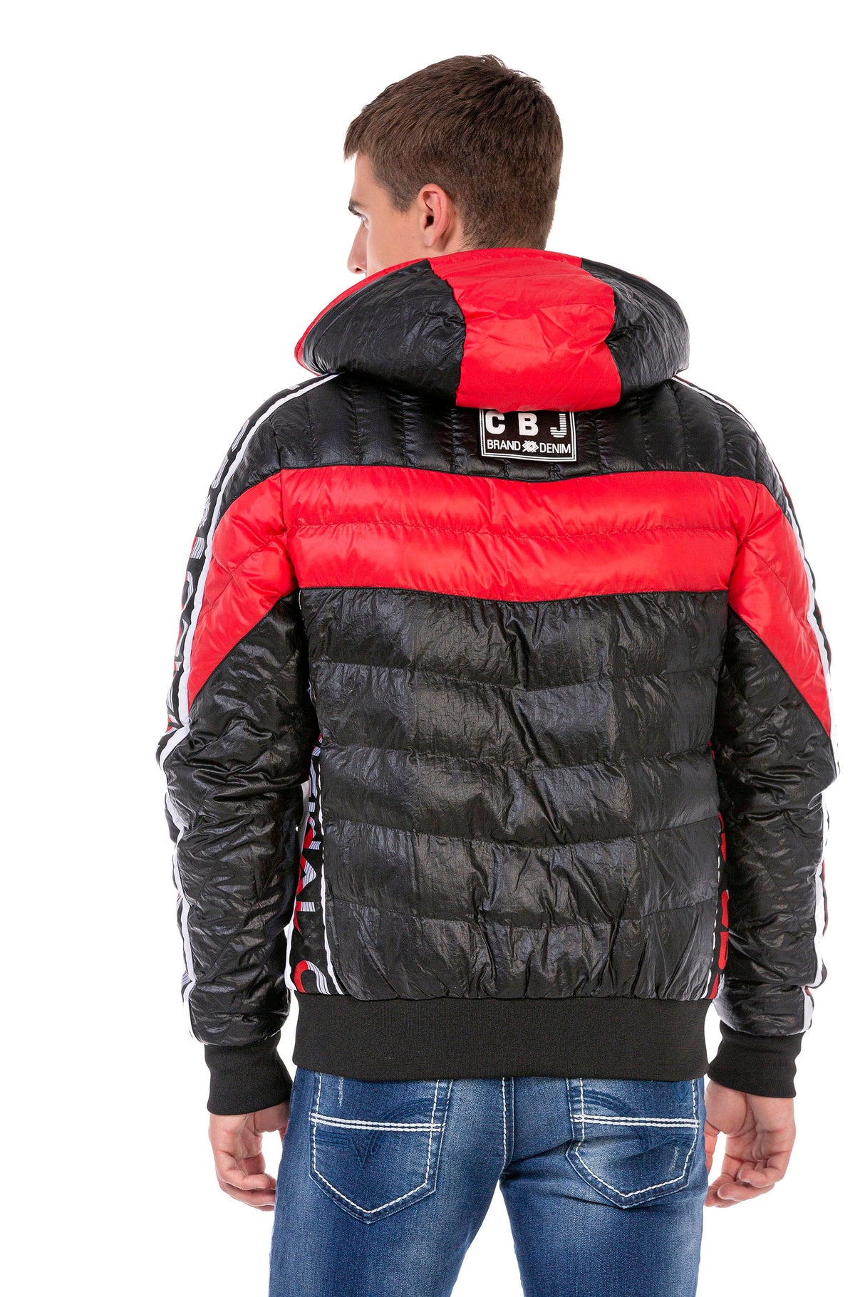 CJ269 Men's Winter Jacket – Black Quilted Jacket with Hood & Red and White Logo Print