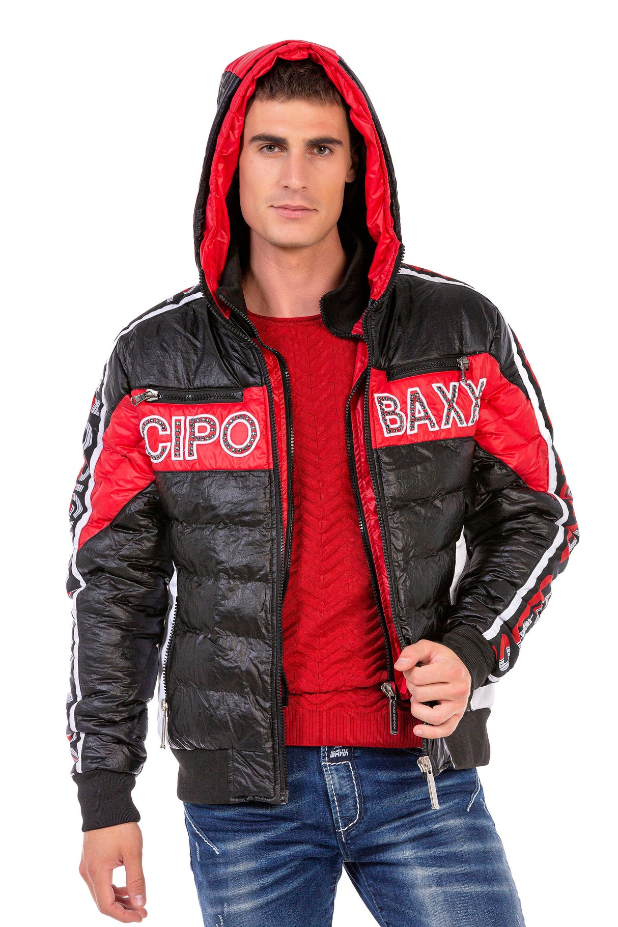 CJ269 Men's Winter Jacket – Black Quilted Jacket with Hood & Red and White Logo Print