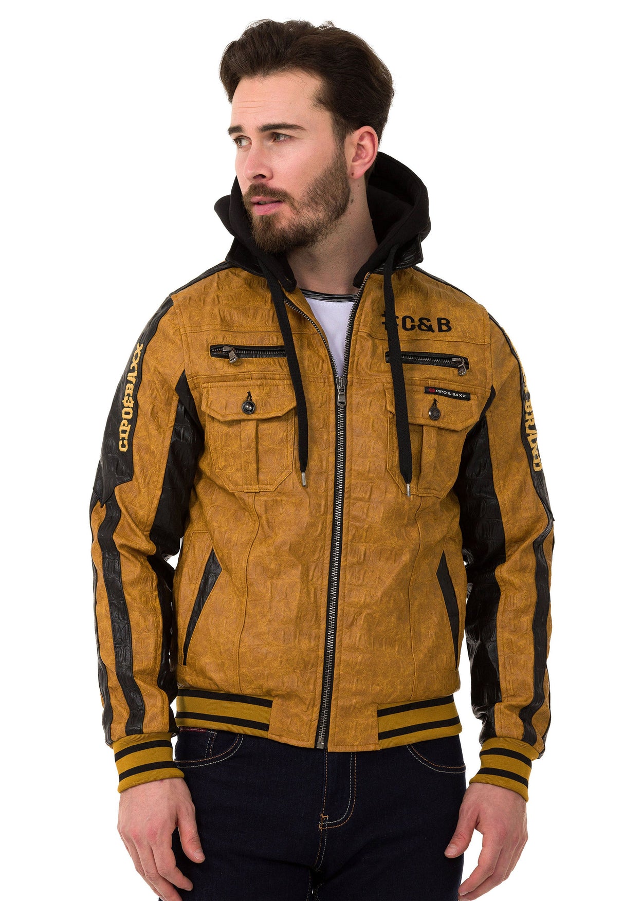 CJ284 Men's faux leather jacket with hood in a cool look