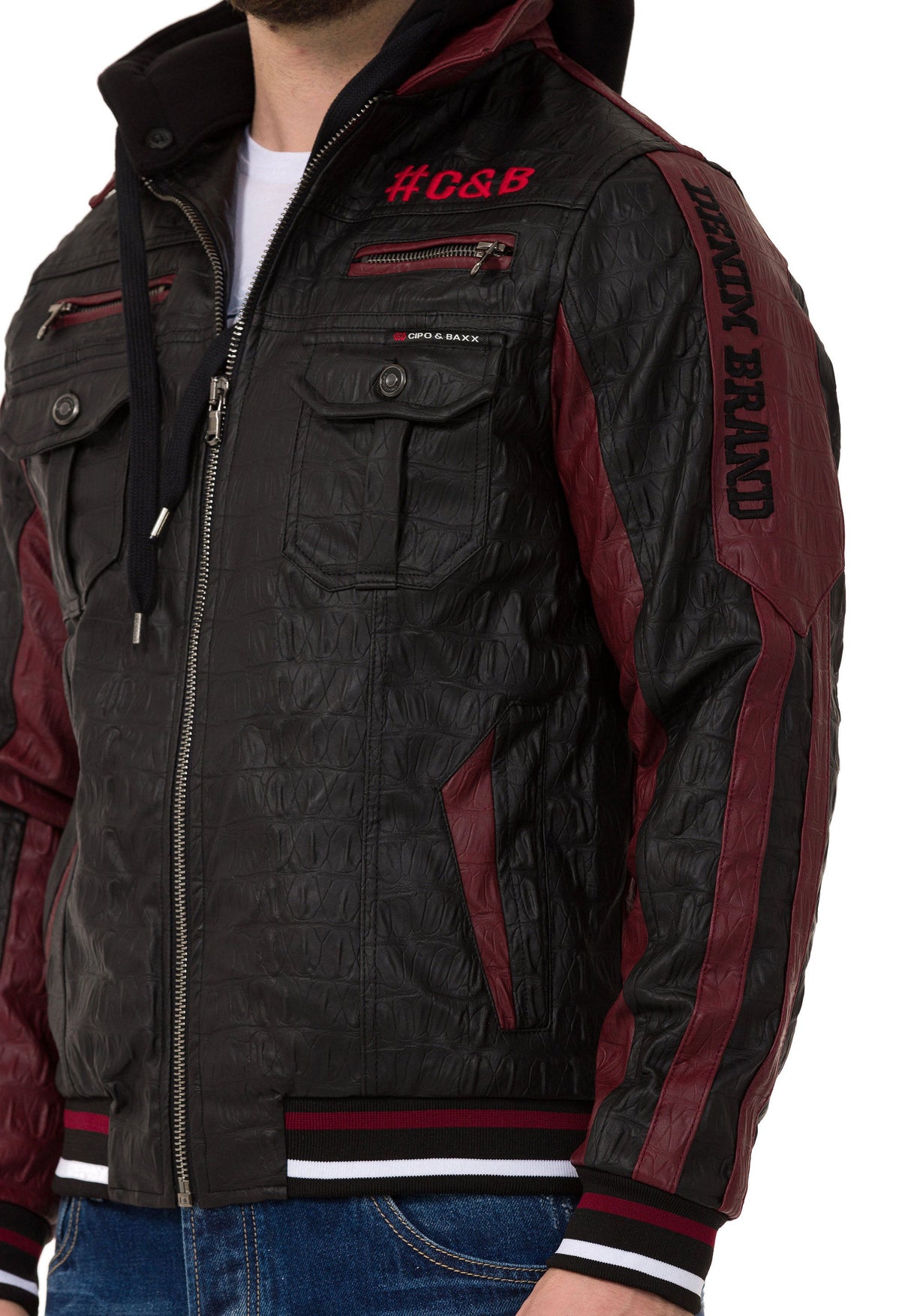 CJ284 Men's faux leather jacket with hood in a cool look