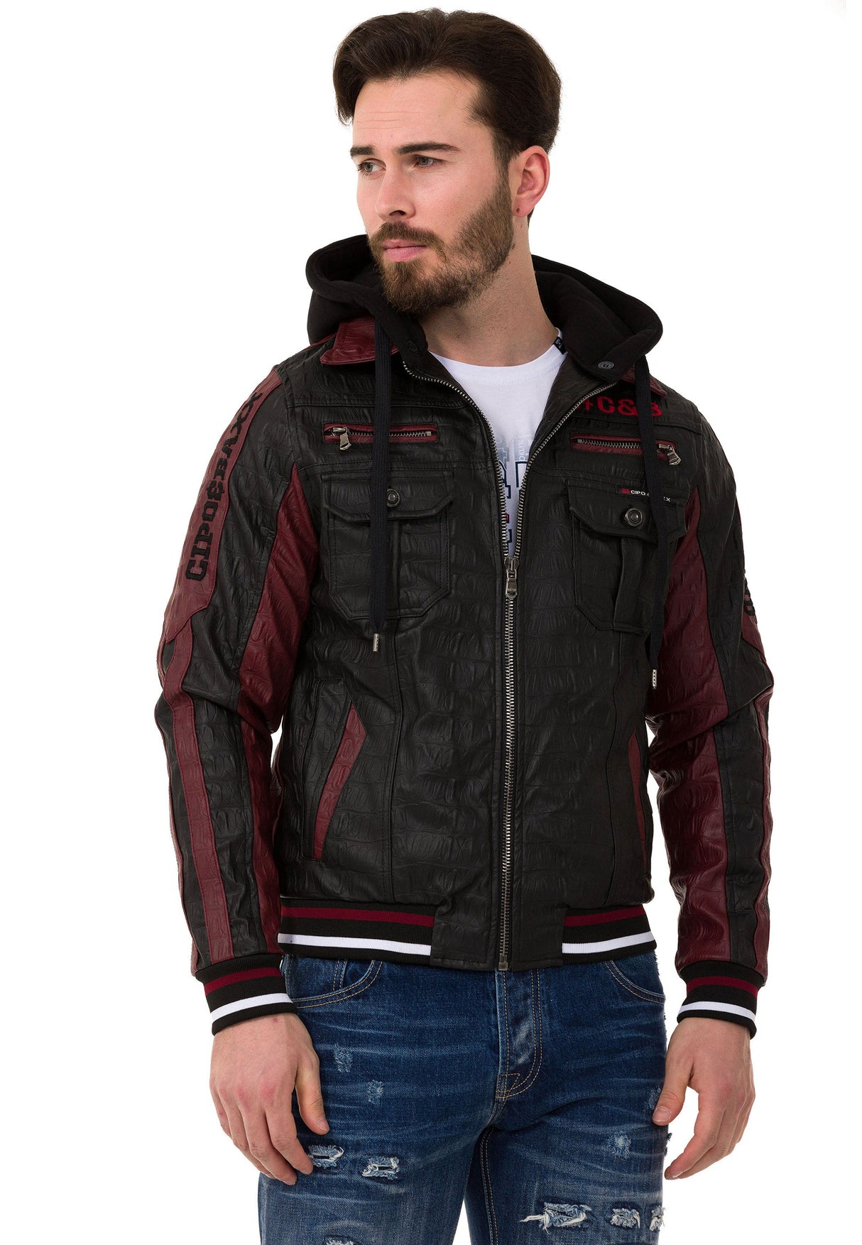 CJ284 Men's faux leather jacket with hood in a cool look