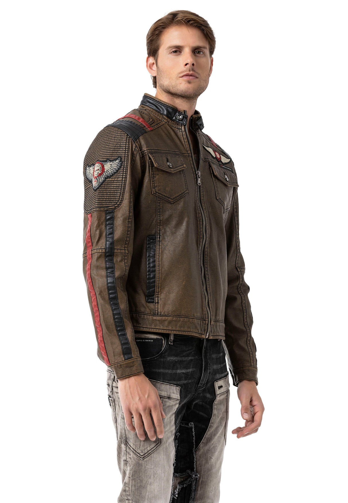 CJ304 Men's transitional jacket – PU leather look with zipper details & striking patches