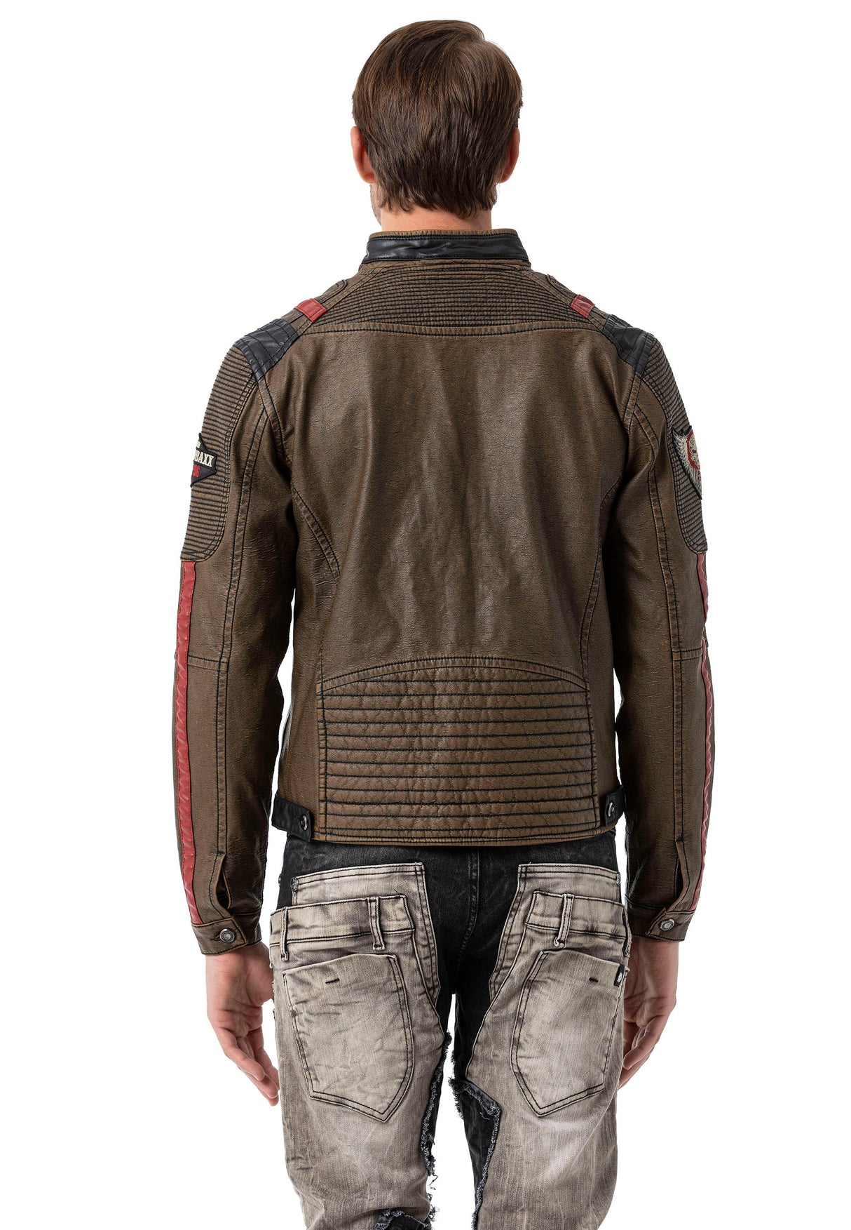 CJ304 Men's transitional jacket – PU leather look with zipper details & striking patches