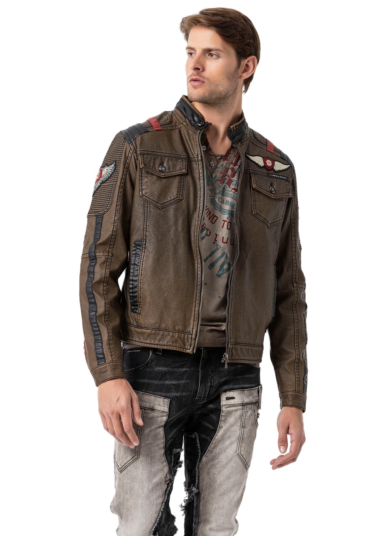 CJ304 Men's transitional jacket – PU leather look with zipper details & striking patches