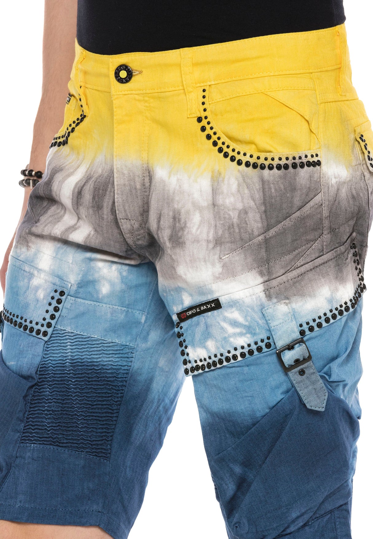 CK211 Men's Capri Denim Shorts with distinctive wash and rivets