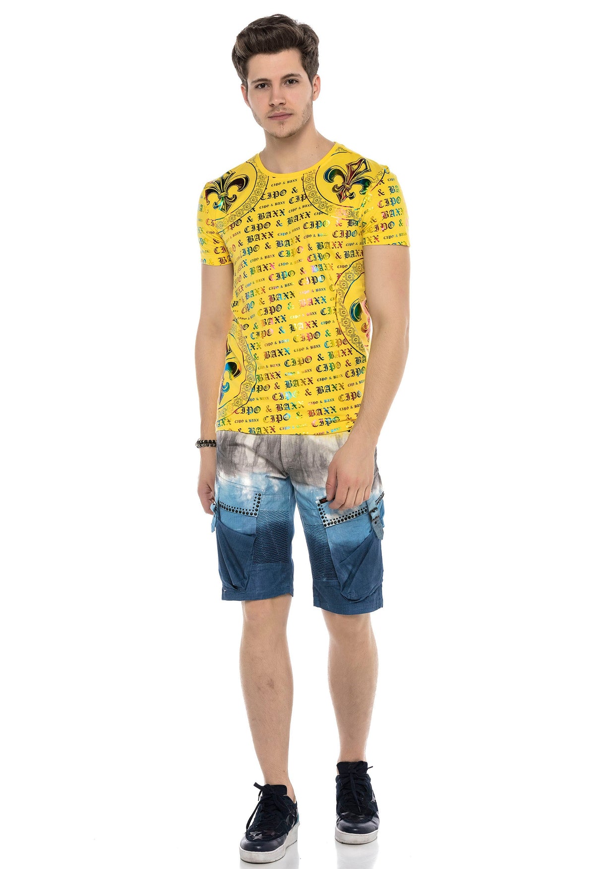 CK211 Men's Capri Denim Shorts with distinctive wash and rivets