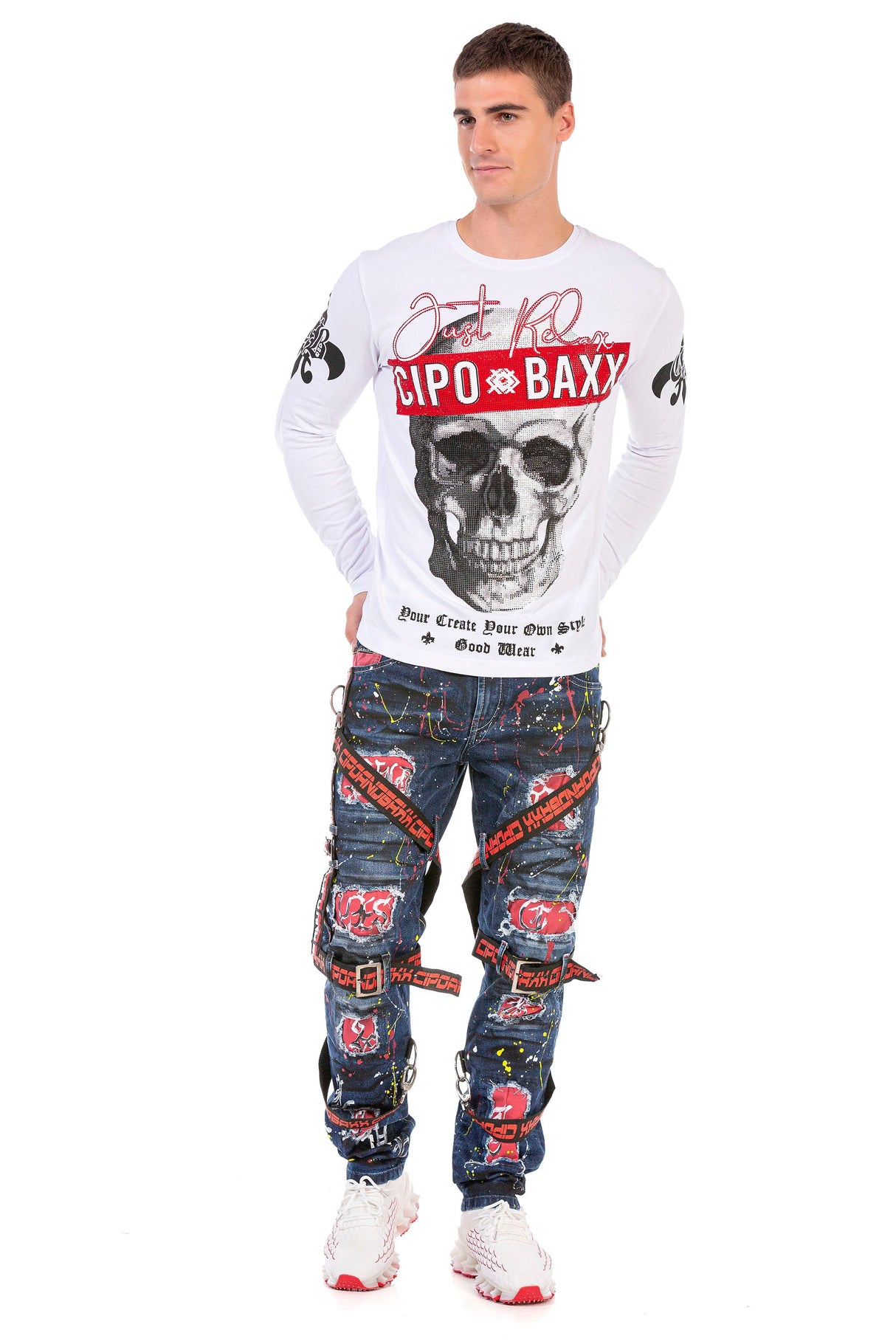 CL454 Men's long-sleeved shirt with rhinestone print