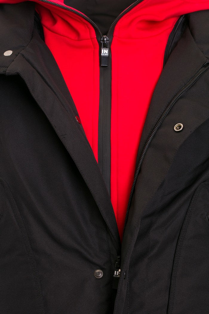 CM146 Men's Winter Jacket – Long black quilted jacket with hood & red accents