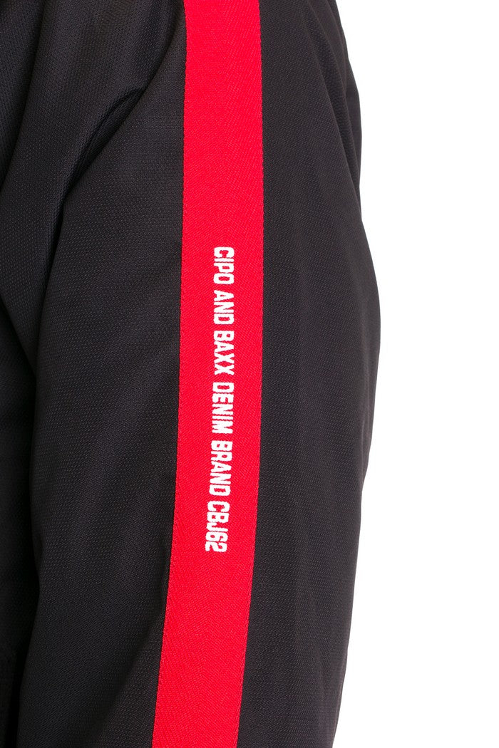 CM146 Men's Winter Jacket – Long black quilted jacket with hood & red accents
