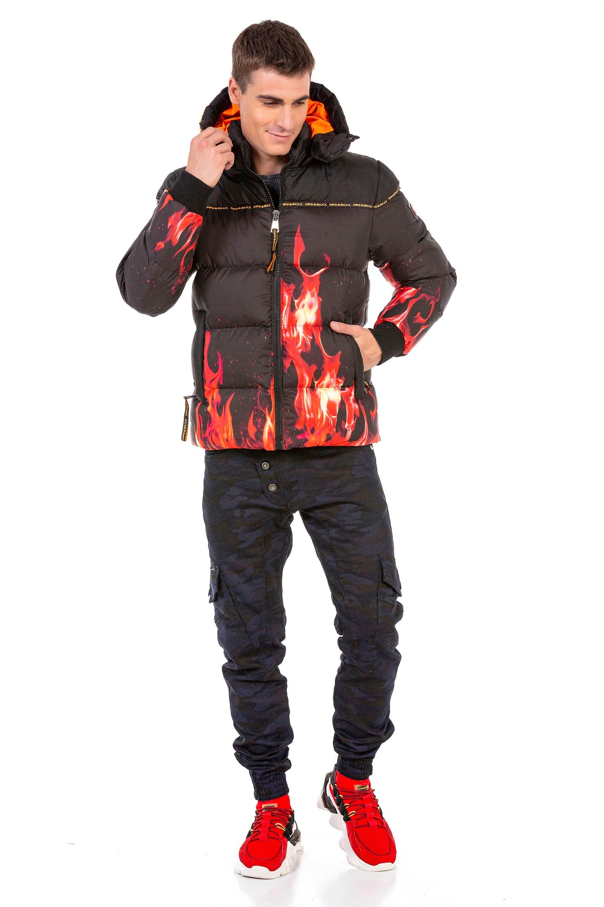 CM181 Men's Winter Jacket – Black Hooded Jacket with Flame Design & Padding | Eye-catching Streetwear for Cold Days