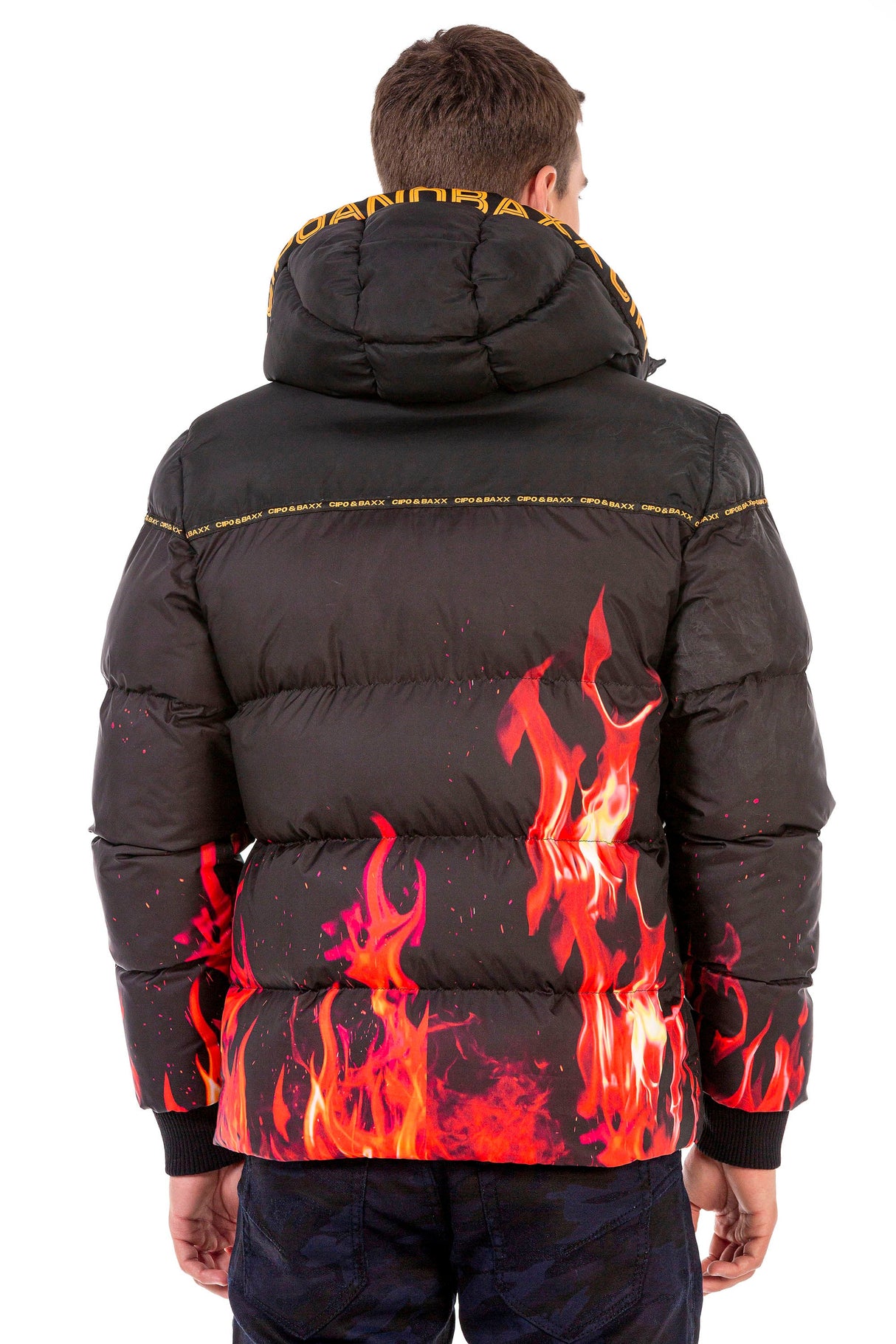 CM181 Men's Winter Jacket – Black Hooded Jacket with Flame Design & Padding | Eye-catching Streetwear for Cold Days