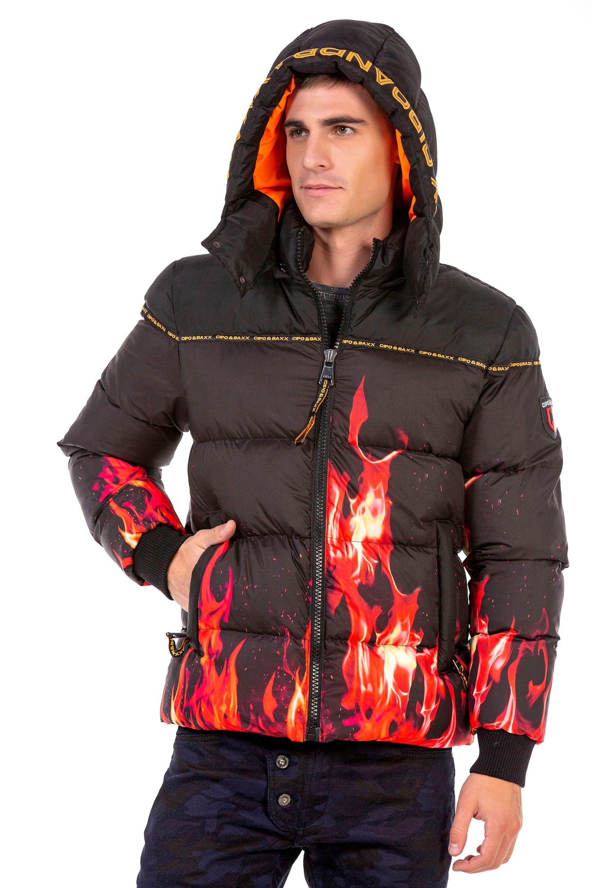 CM181 Men's Winter Jacket – Black Hooded Jacket with Flame Design & Padding | Eye-catching Streetwear for Cold Days