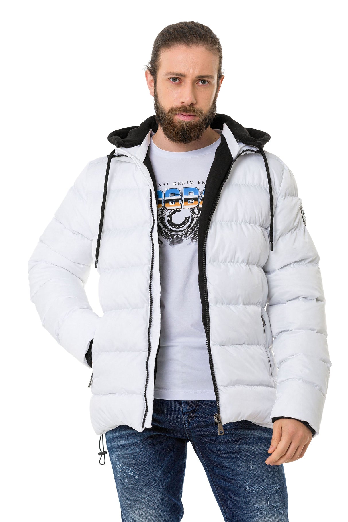 CM202 Men's Winter Jacket – Beige with Detachable Hood & Functional Details