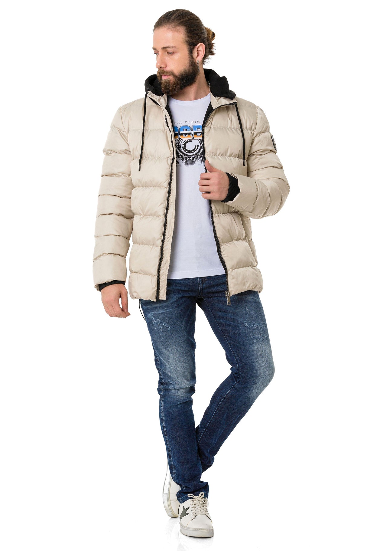 CM202 Men's Winter Jacket – Beige with Detachable Hood & Functional Details