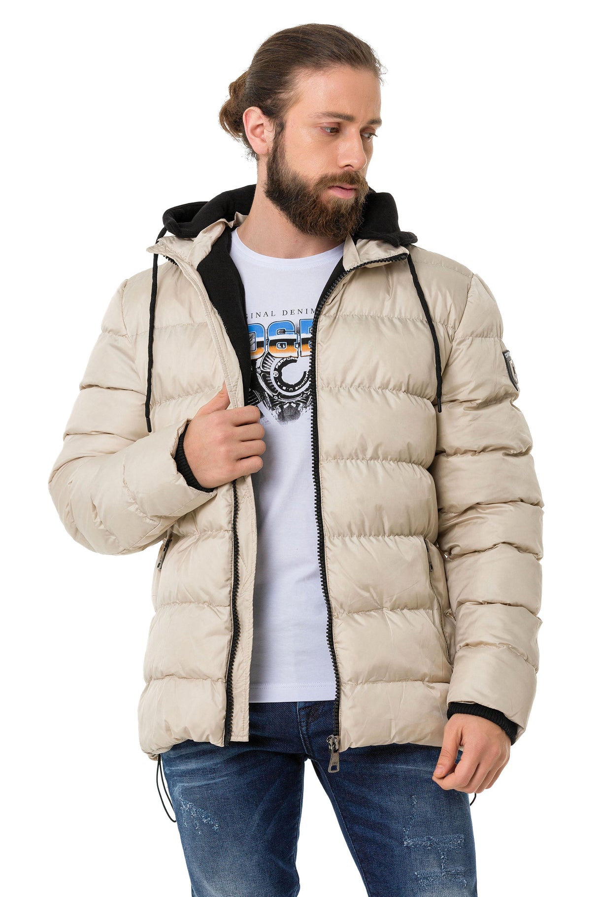 CM202 Men's Winter Jacket – Beige with Detachable Hood & Functional Details
