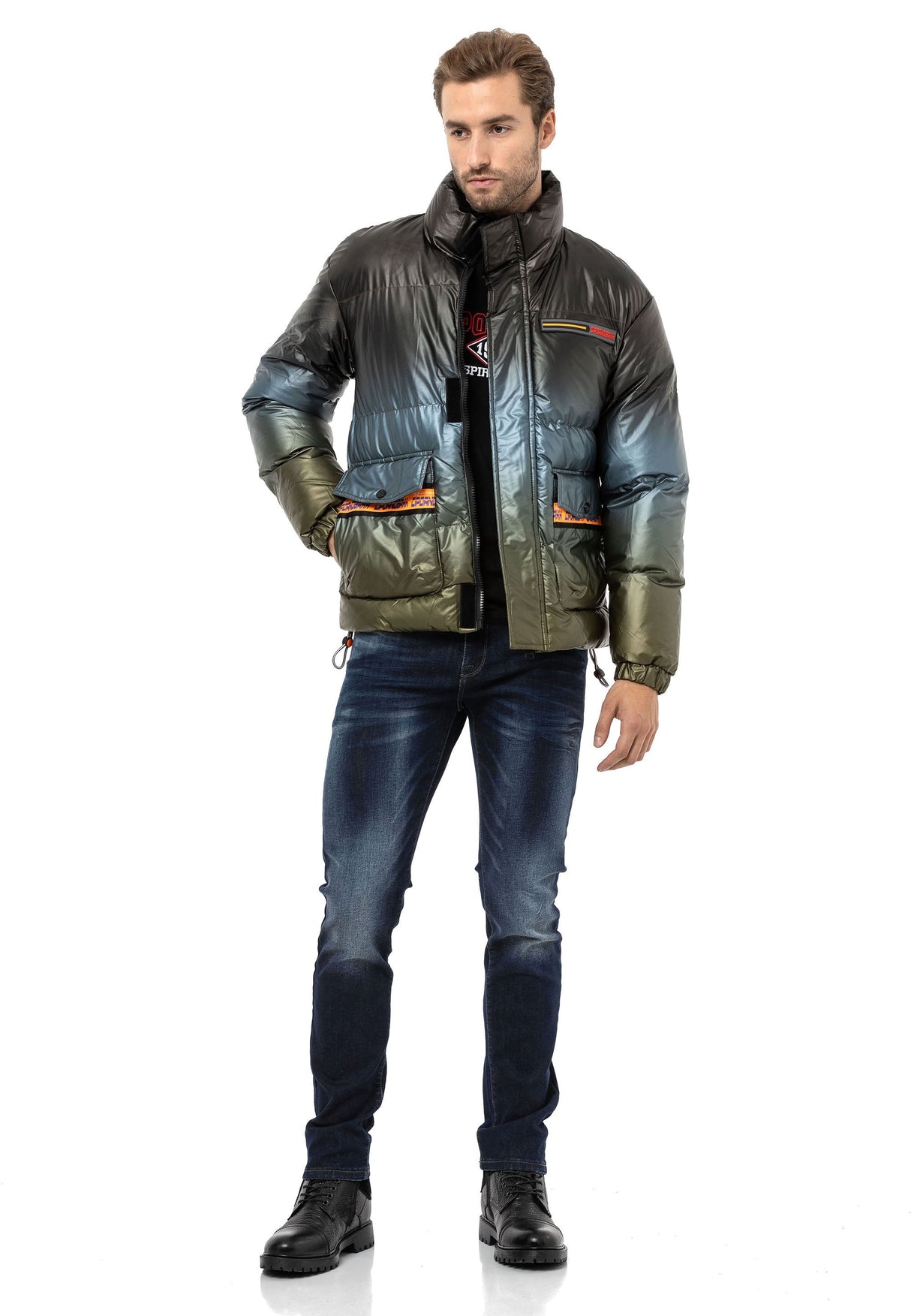 CM221 Men's Winter Jacket – Glossy finish with sporty color gradient & functional zippers