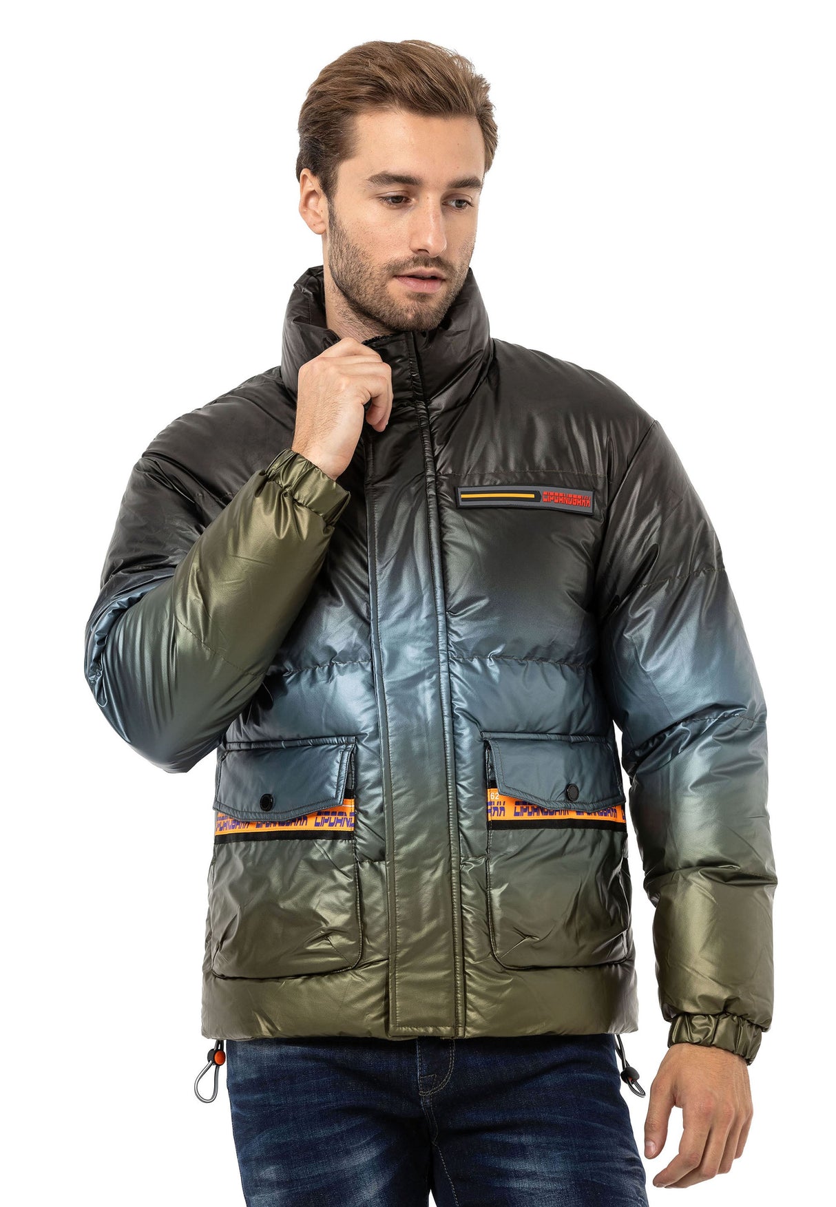CM221 Men's Winter Jacket – Glossy finish with sporty color gradient & functional zippers