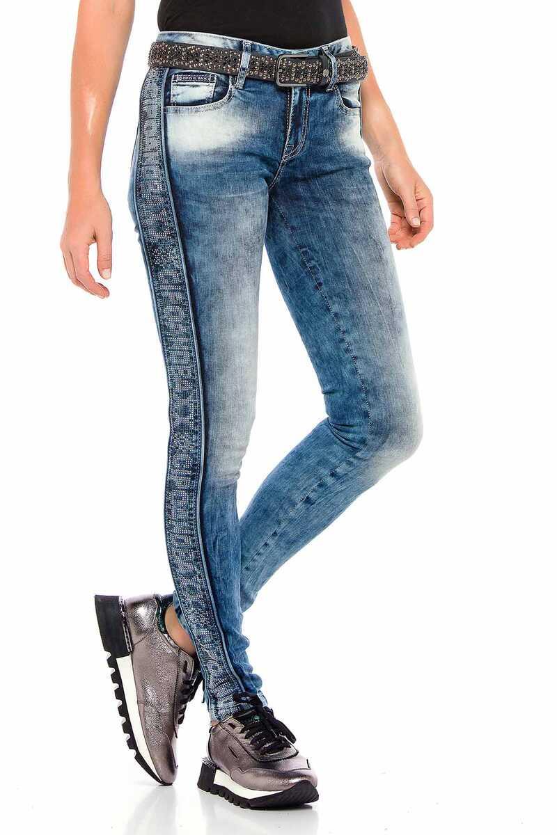 WD390 Women's Slim-Fit Jeans with Glitter Side Stripes